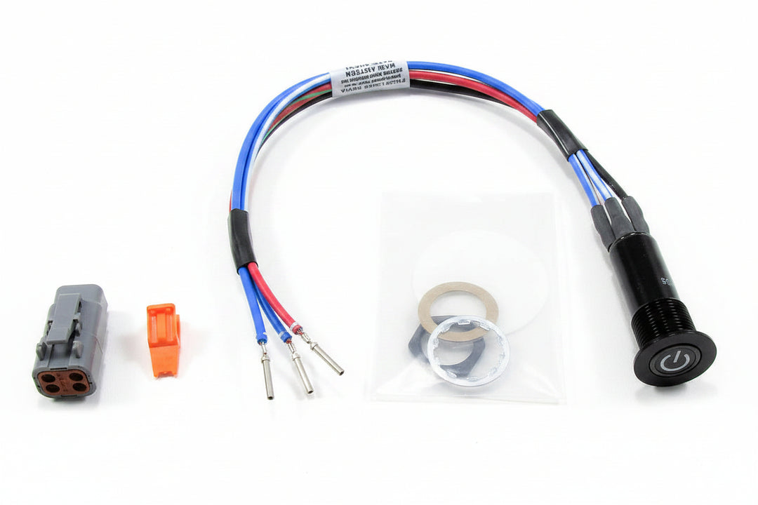 Power button ON-OFF pre-terminated harness for GX Tower 22, includes connectors and mounting hardware for easy installation.