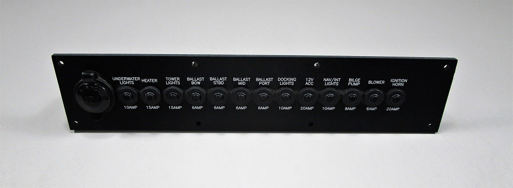 Black Axis circuit breaker panel with labeled switches for underwater lights, heater, tower lights, ballast, docking lights, and more.
