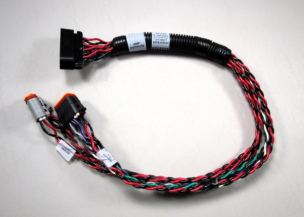 Malibu Amp Output Harness with multiple colored wires and connectors for marine audio system installation.