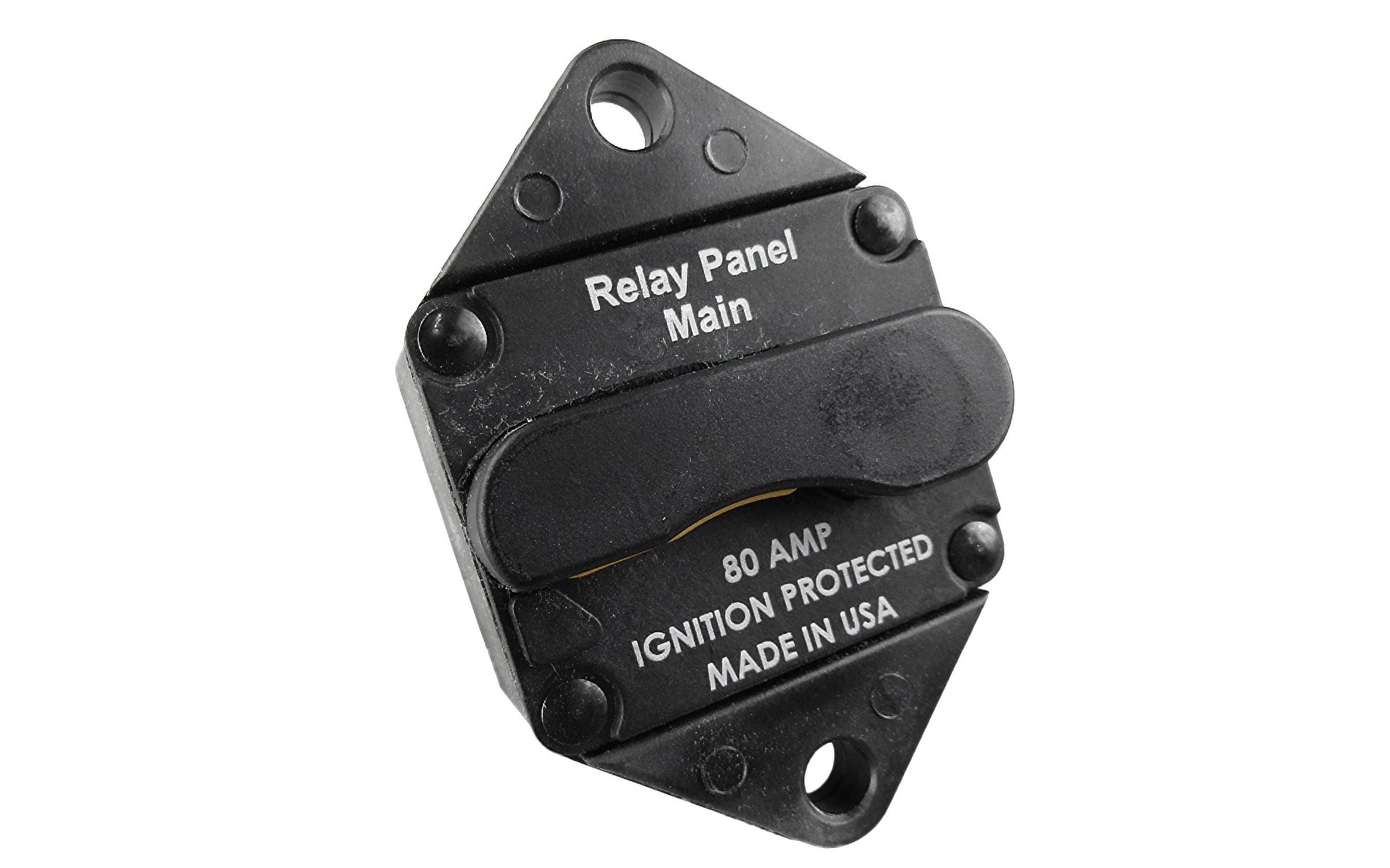 Surface mount 80A breaker with black plastic housing, labeled "Relay Panel Main," "80 AMP," and "Made in USA.