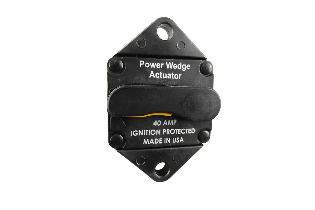 40A surface mount breaker for Power Wedge, ignition protected, made in USA, with black housing and toggle switch.