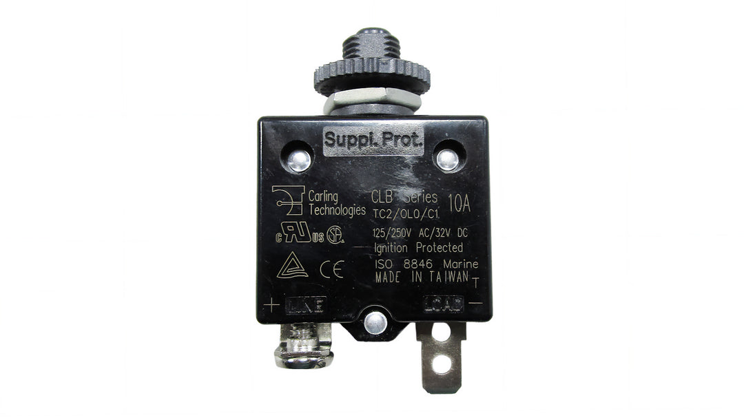 10 AMP circuit breaker for marine use, designed for reliable protection in boating applications.