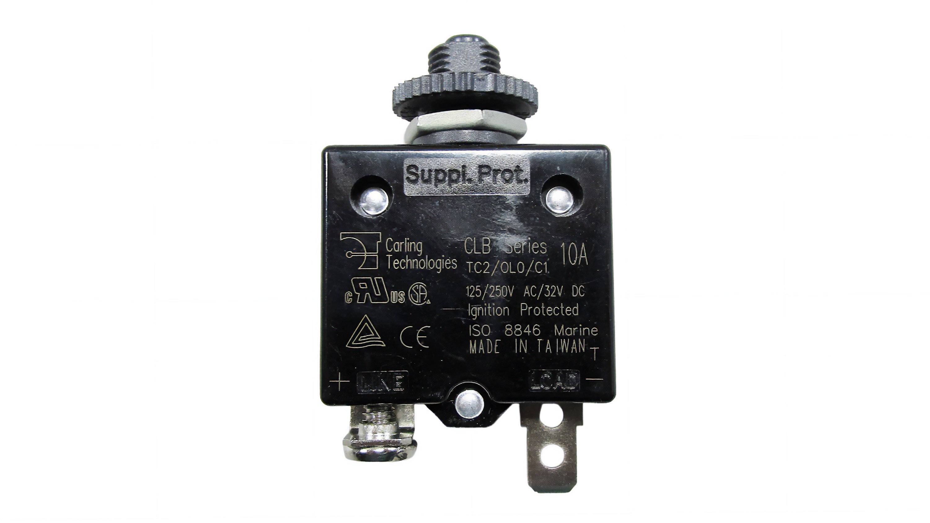 10 AMP circuit breaker for marine use, designed for reliable protection in boating applications.