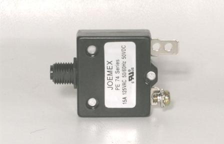 15amp breaker switch with black housing, metal mounting bracket, and terminal connections for electrical safety.