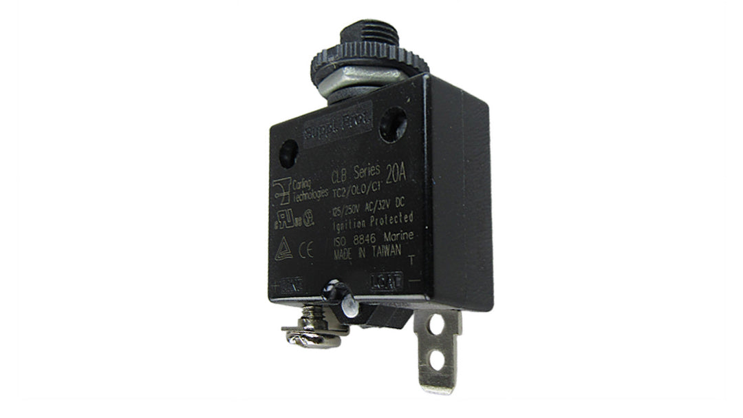 20-amp circuit breaker designed for marine use, featuring a compact design and reliable protection for boat electrical systems.