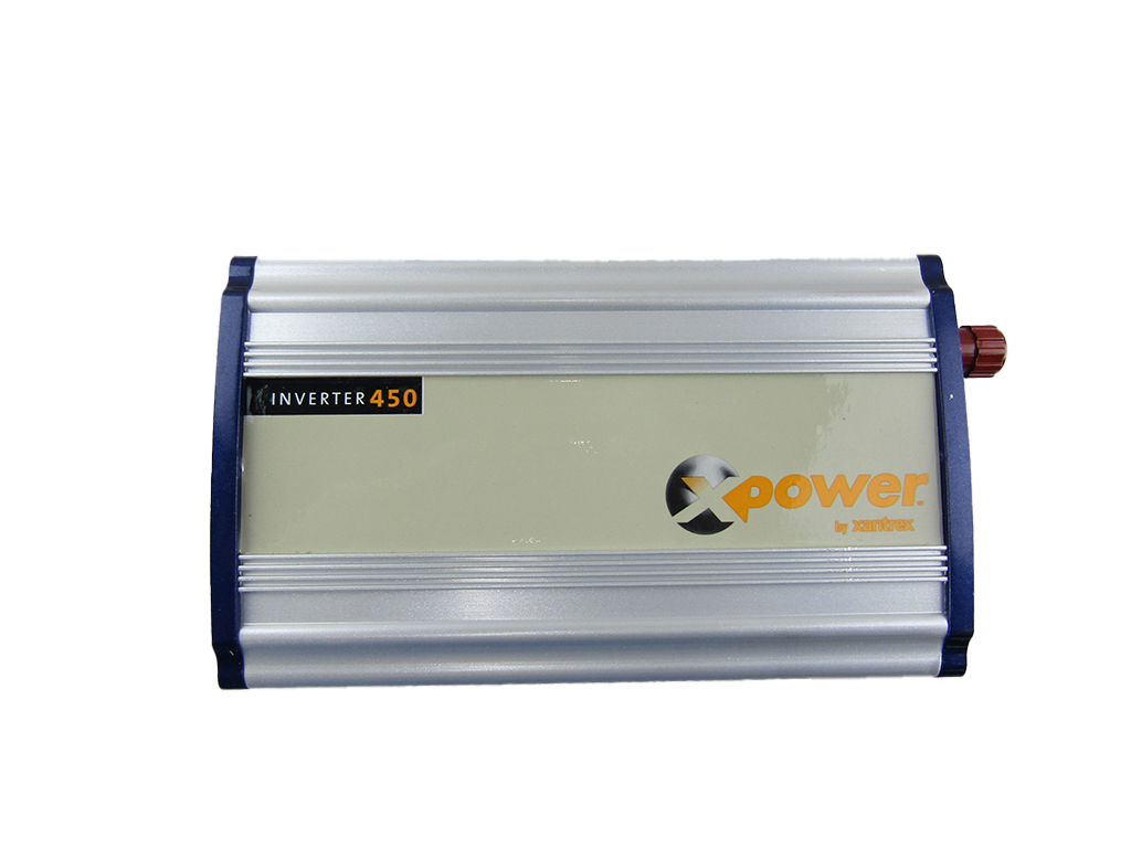 Malibu 450W inverter with silver body, blue accents, and orange and black branding, designed for converting DC to AC power.