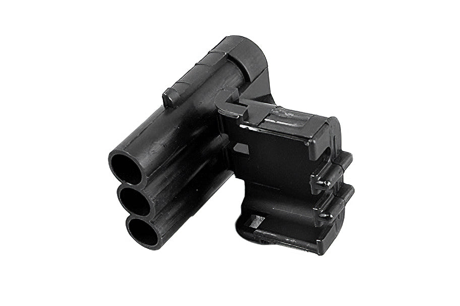3-Way female Delphi connector for automotive wiring, with three circular ports and locking mechanism.