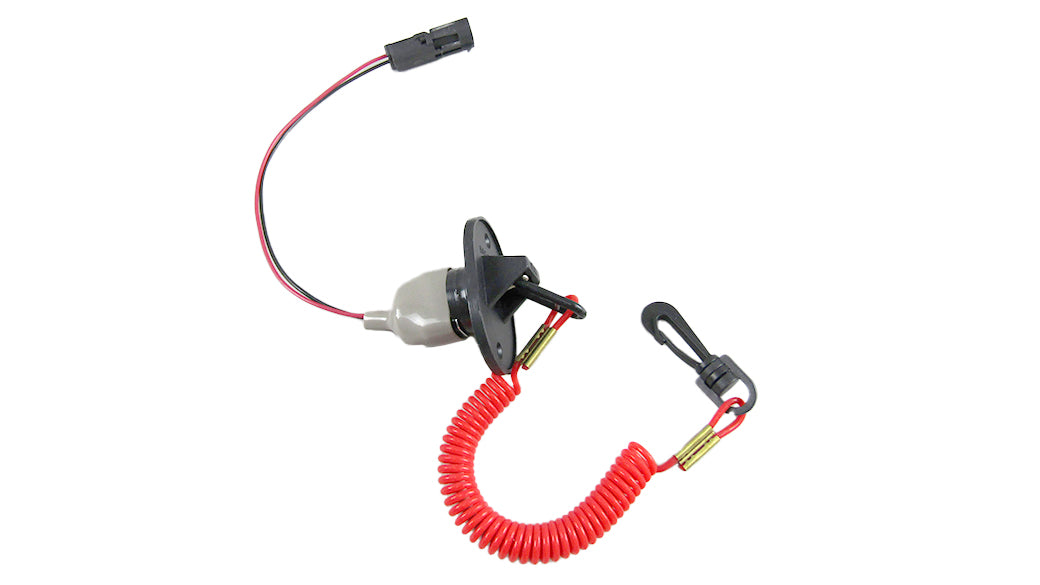 Safety kill switch with red coiled cable, black mounting bracket, and wiring connector for emergency power cutoff.