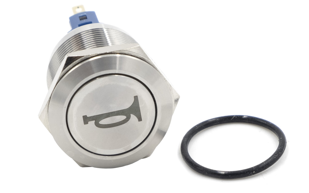Button switch with horn icon, stainless steel, for 2011-2018 vehicles, includes rubber O-ring gasket.
