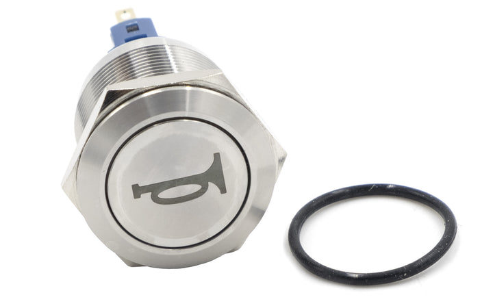 Button switch with horn icon, stainless steel, for 2011-2018 vehicles, includes rubber O-ring gasket.