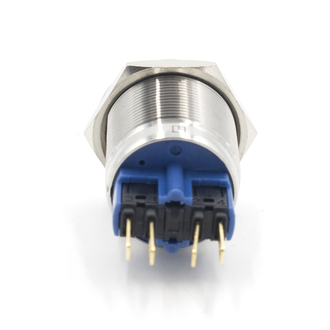 Button switch for horn, stainless steel, fits 2011-2018 models, with blue and black electrical connectors.