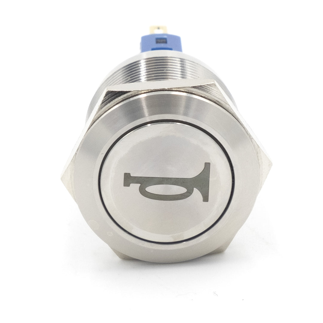 Button switch for horn, stainless steel, designed for vehicles from 2011 to 2018, with horn icon on the button.