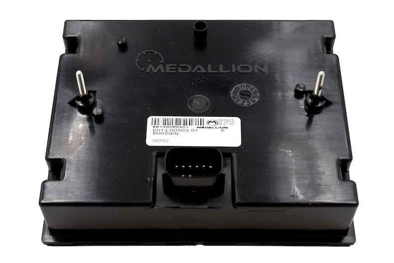 Back view of a Malibu 6-1/2" touch screen display with Medallion branding, connector port, and mounting pegs.