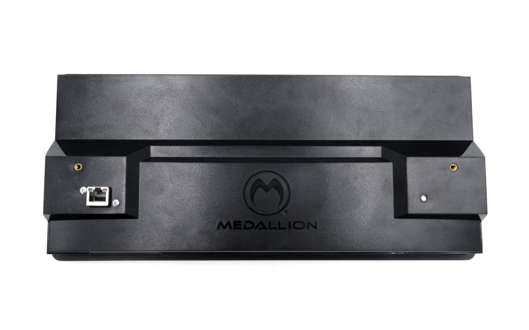Alt text: Front view of a 12-inch Medallion touch screen display, featuring a sleek black casing with visible connectors and the Medallion logo centered on the front panel.