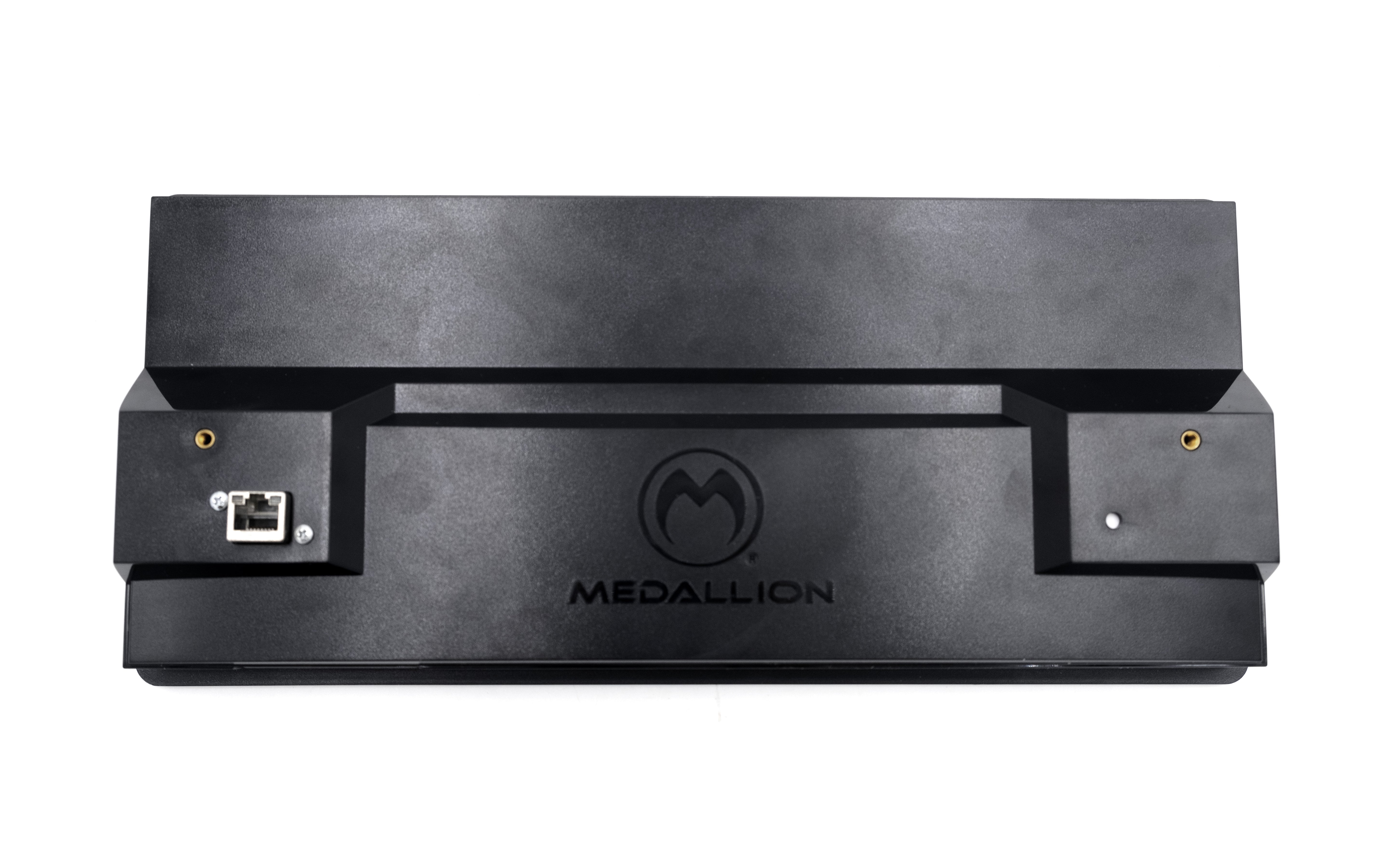 Alt text: Front view of a 12-inch Medallion touch screen display, featuring a sleek black casing with visible connectors and the Medallion logo centered on the front panel.