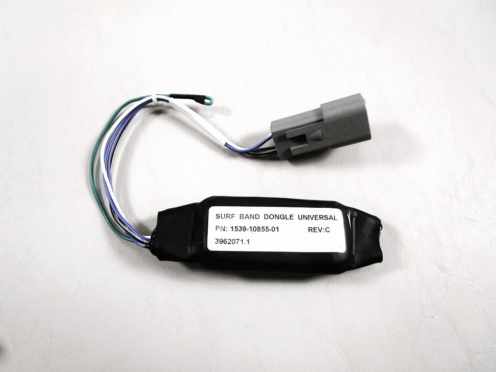 Wireless surf band dongle receiver with wiring and gray connector, used for Malibu/Axis surf system audio connectivity.