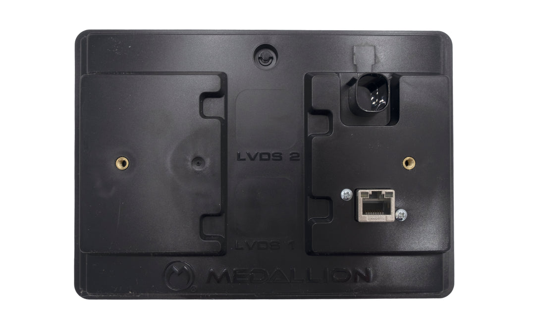 Back view of the Malibu 7" Touch Screen Display showing mounting points, Ethernet port, and internal component labels.