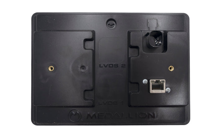 Back view of the Malibu 7" Touch Screen Display showing mounting points, Ethernet port, and internal component labels.