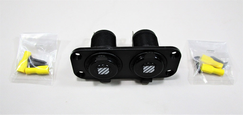Outlet with USB and 12V power socket, non-illuminated, includes mounting hardware and screws.