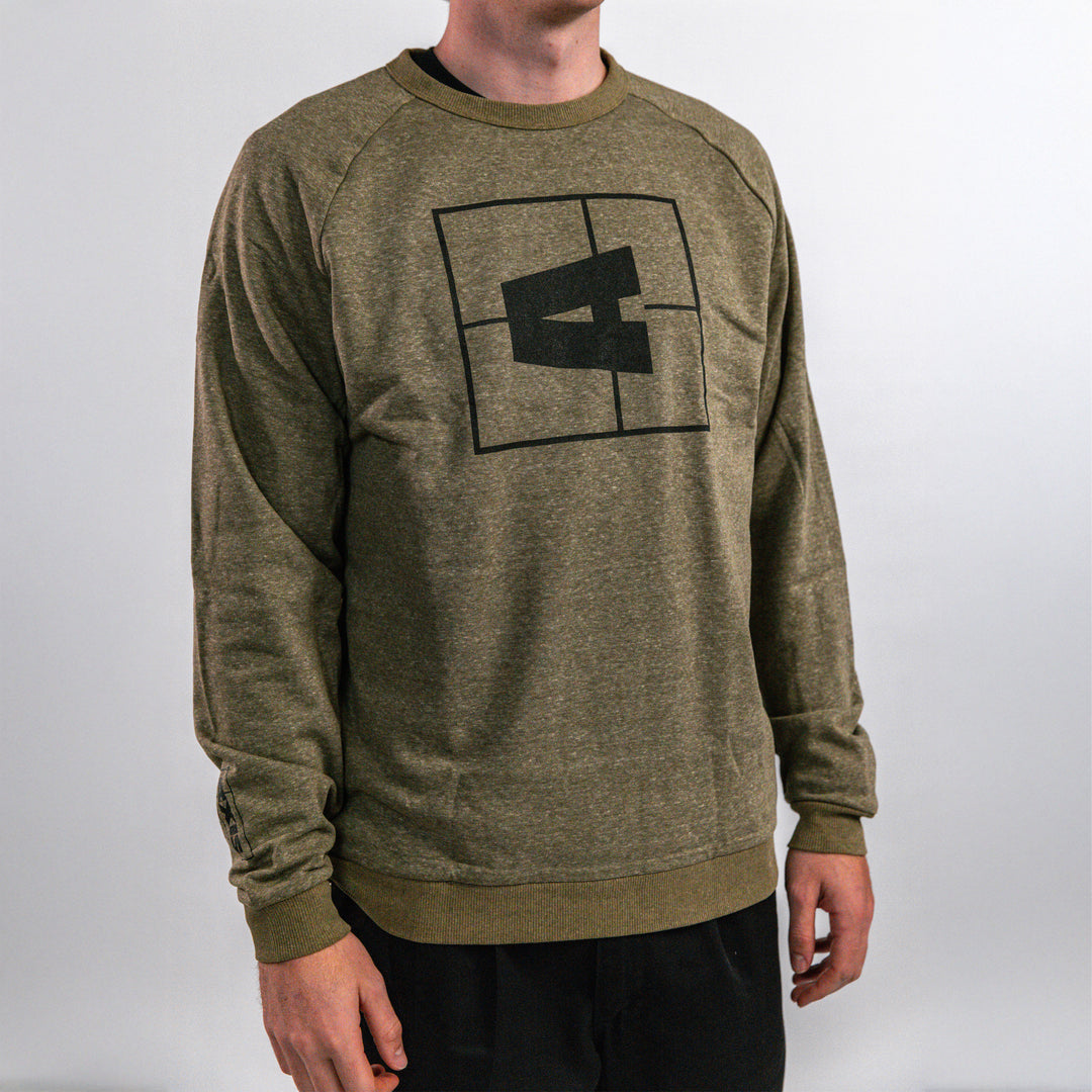 Axis Crewneck in olive green featuring a bold black graphic design on the front, perfect for casual wear.