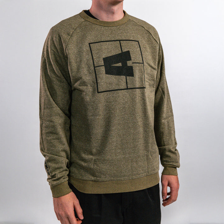 Axis Crewneck in olive green featuring a bold black graphic design on the front, perfect for casual wear.