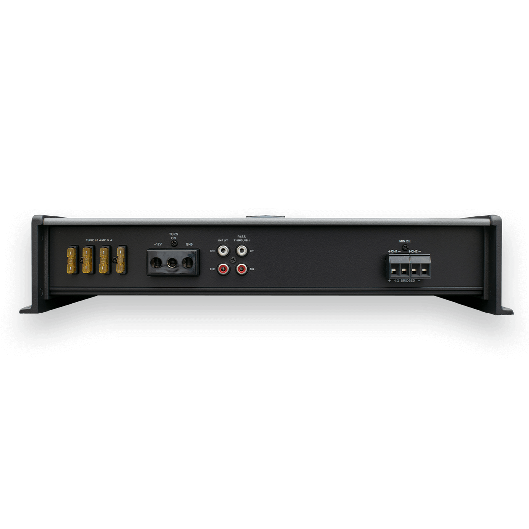 Marine amplifier SYN-DX2.3 HP with dual channels, power connections, fuse holders, input/output ports, and wiring terminals.