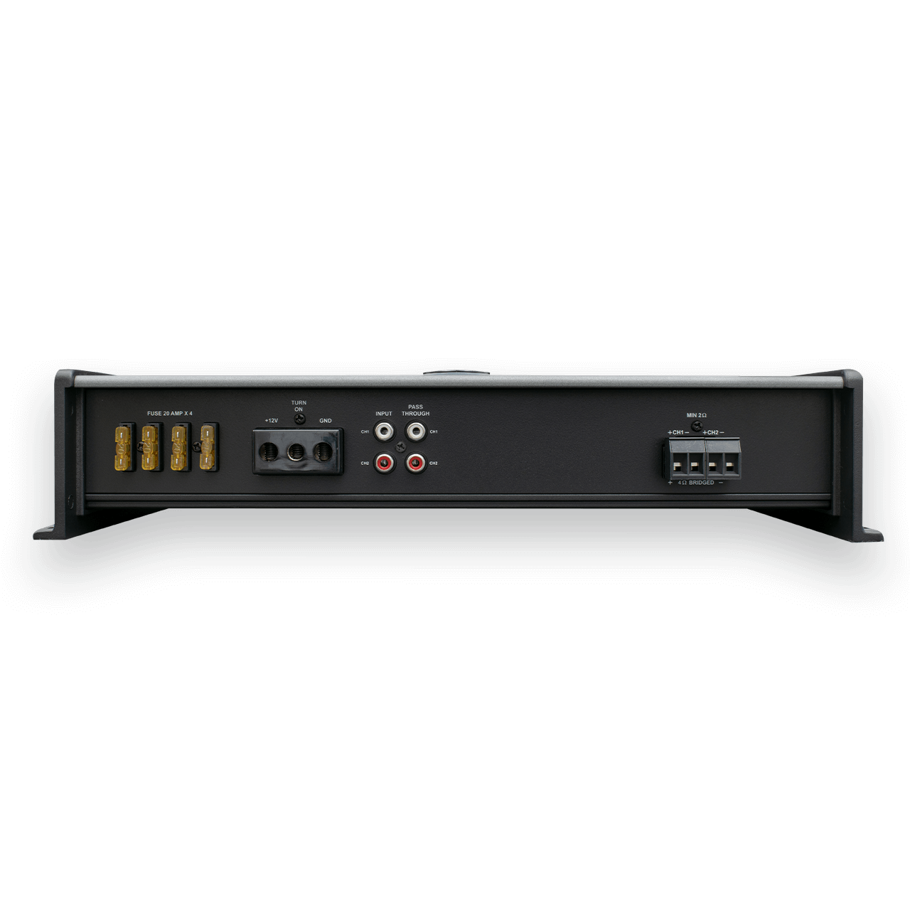 Marine amplifier SYN-DX2.3 HP with dual channels, power connections, fuse holders, input/output ports, and wiring terminals.
