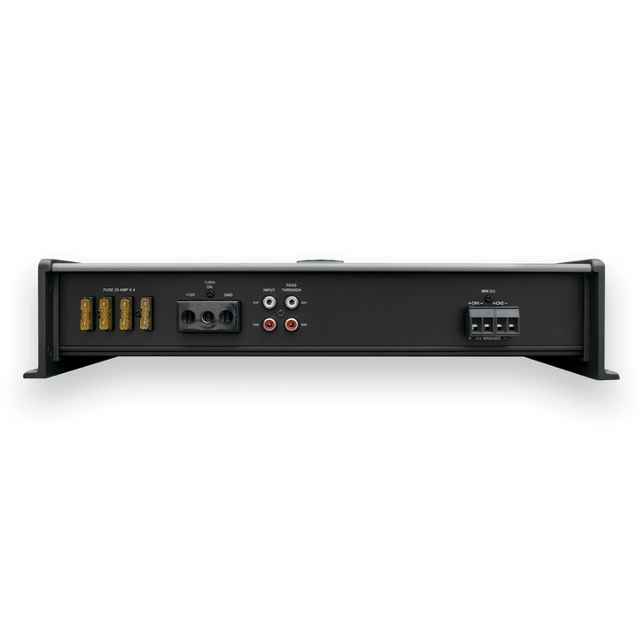 Marine amplifier SYN-DX2.3 HP with dual channels, power connections, fuse holders, input/output ports, and wiring terminals.