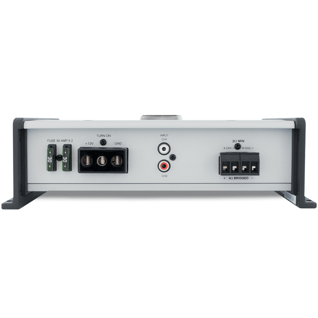 Marine amplifier HTX-2 Wet Sounds 2-channel, with input ports, fuse, power switch, grounding, and wiring connections.