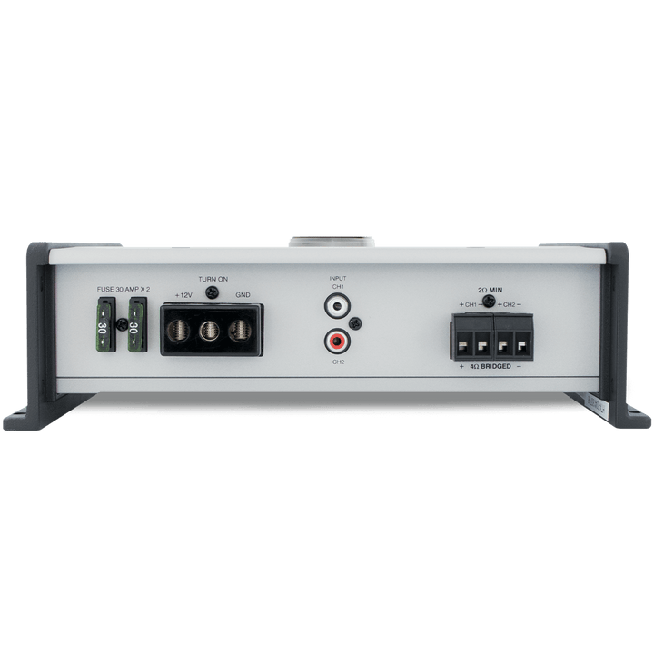 Marine amplifier HTX-2 Wet Sounds 2-channel, with input ports, fuse, power switch, grounding, and wiring connections.