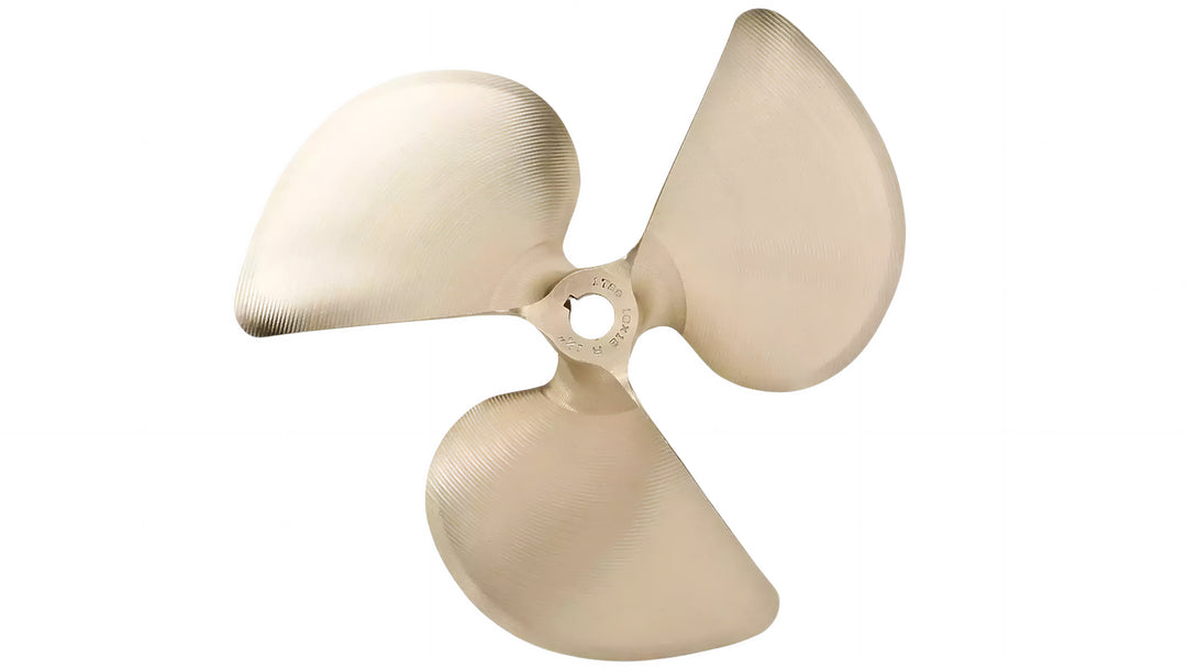 Propeller blade for boat or marine vessel, measuring 13 x 12 inches, with three curved, polished blades.