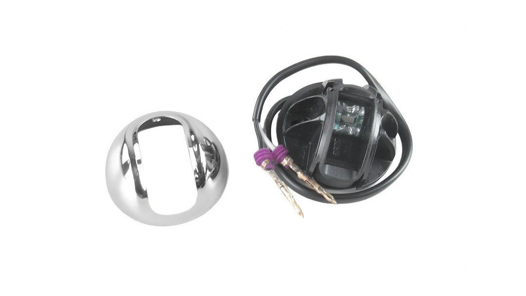 Green LED navigation light for the starboard side, featuring a chrome housing and wiring for easy installation.