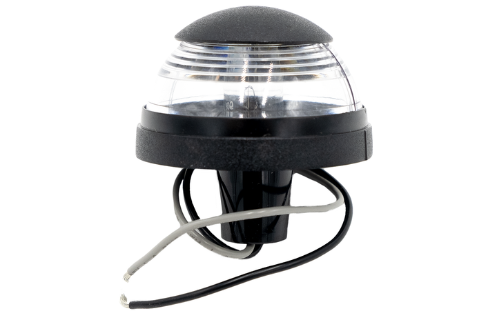 Tower anchor light with a black base, clear dome, and wiring, used for marking and signaling on towers.