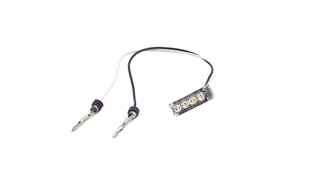 LED courtesy light with wiring and transparent plastic housing, designed for interior or vehicle illumination.