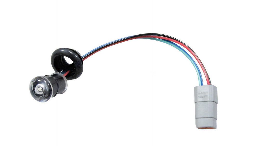RGB LED light with a connector and colored wires, designed for enhancing boat lighting and ambiance.