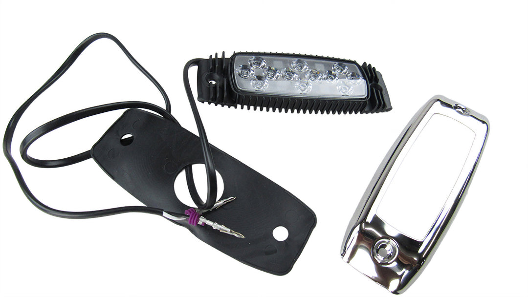 Underwater light in blue with a sleek design, featuring a chrome cover and wiring for easy installation on boats.