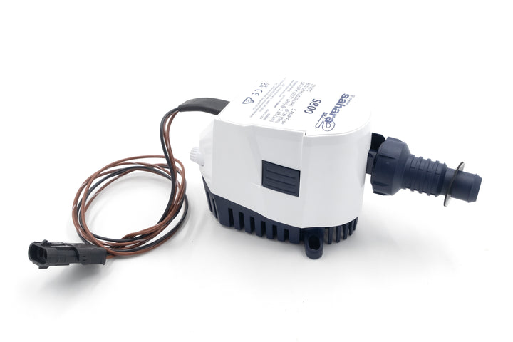 800 GPH bilge pump with wiring and outlet, designed for boat water drainage and bilge management.