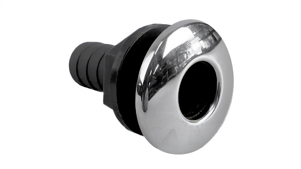 3/4 inch thru hull fitting with a chrome finish, rubber gasket, and black plastic threaded base for marine boat installation.