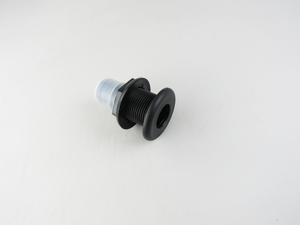 Axis Thru Hull Straight Fitting with black and clear components, designed for marine through-hull applications.