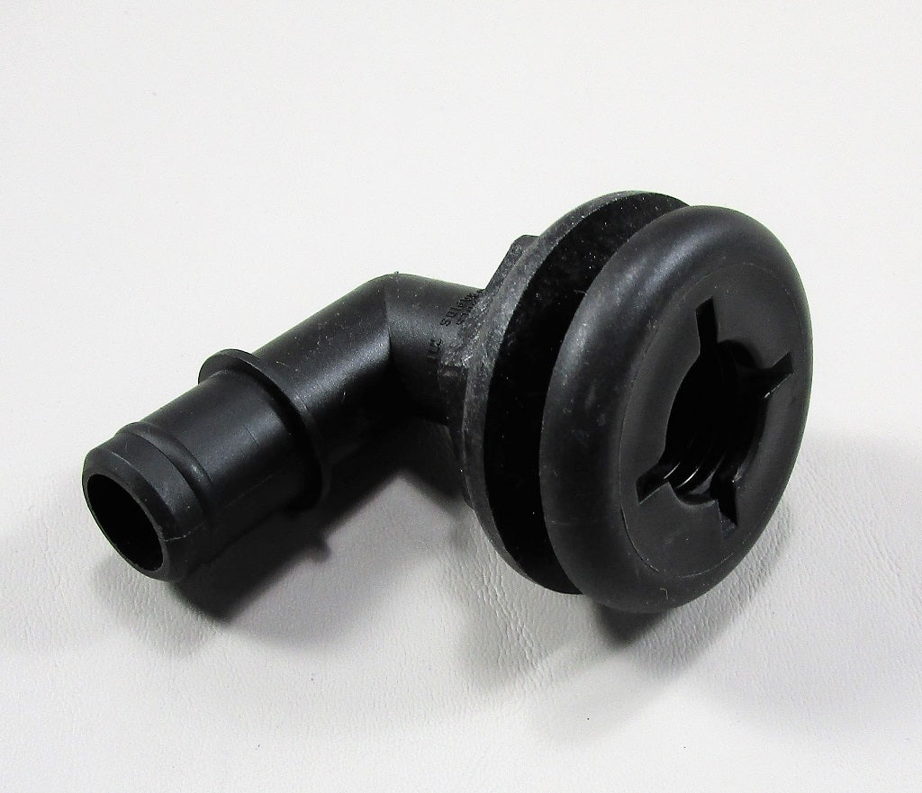 Black 90-degree thru hull fitting with 3/4" threaded connection for marine or plumbing applications.
