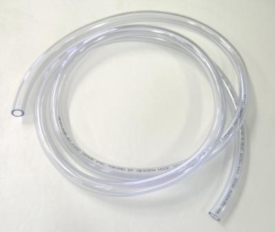 Clear 3/8" PVC hose with cup drains and shaft seal, coiled for use in fluid transfer or drainage applications.