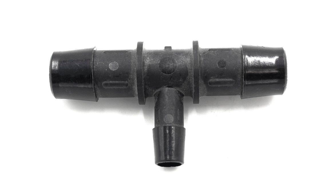 Black plastic tee shower fitting with three connection points for plumbing, used to split or join water flow in a shower system.