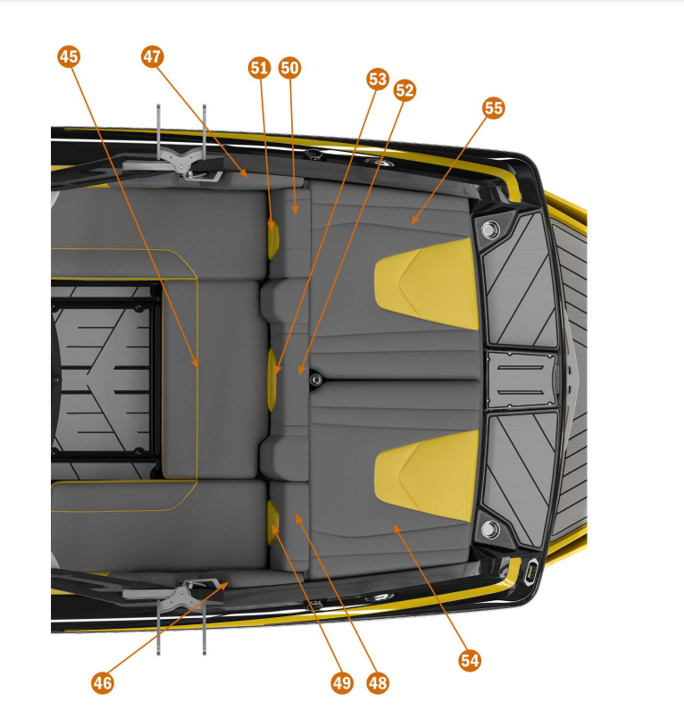 Top view of a boat's center rear seat cushion with labeled parts, including skin, foam, and mounting components.