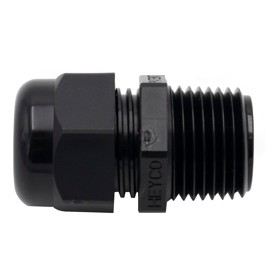 Close-up of a black Surf Gate Wire Fitting with threaded and connector parts, used for secure wiring in marine or boat applications.