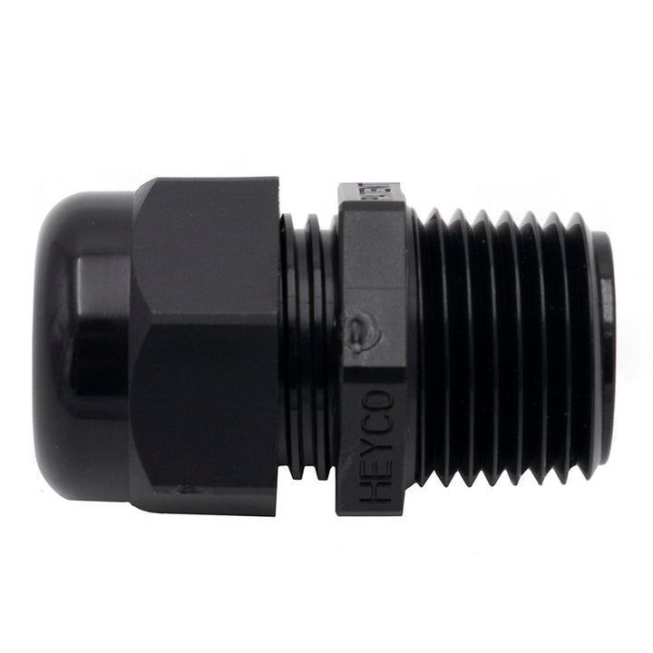 Close-up of a black Surf Gate Wire Fitting with threaded and connector parts, used for secure wiring in marine or boat applications.