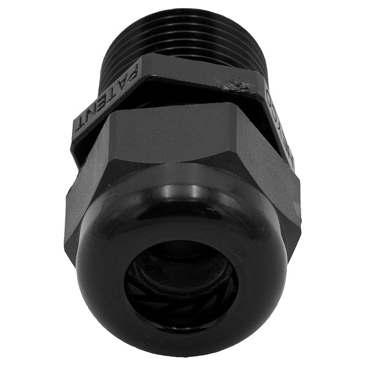 Close-up of a black Surf Gate Wire Fitting with threaded exterior and hollow interior, designed for secure wire connections.