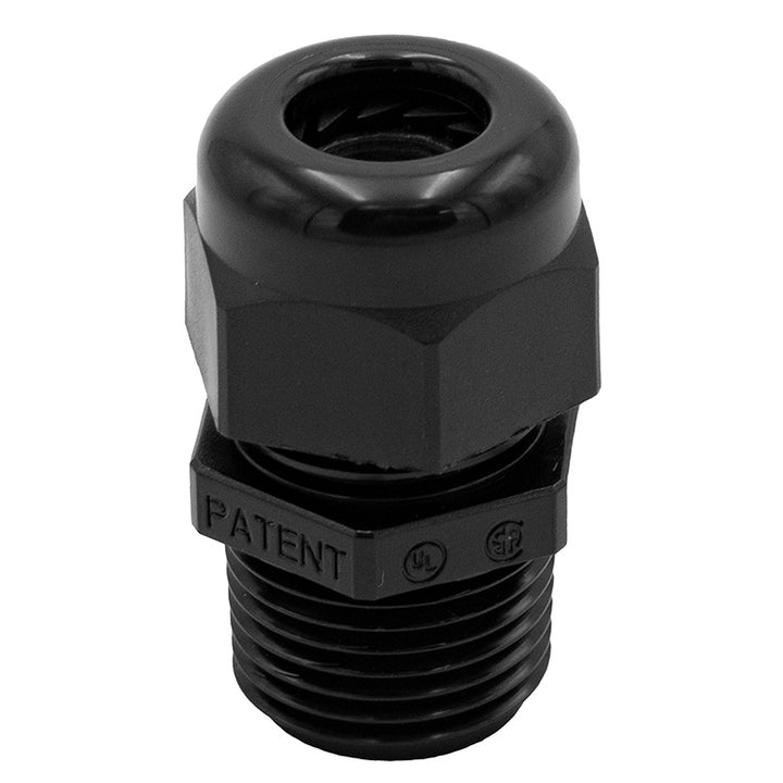 Black surf gate wire fitting with threaded end and hexagonal nut for secure installation in marine applications.