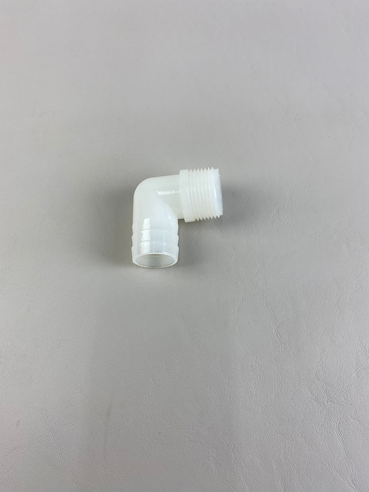 White nylon elbow fitting with 1 NPT threaded end and 1 1/8-inch ID, used for plumbing or fluid transfer applications.