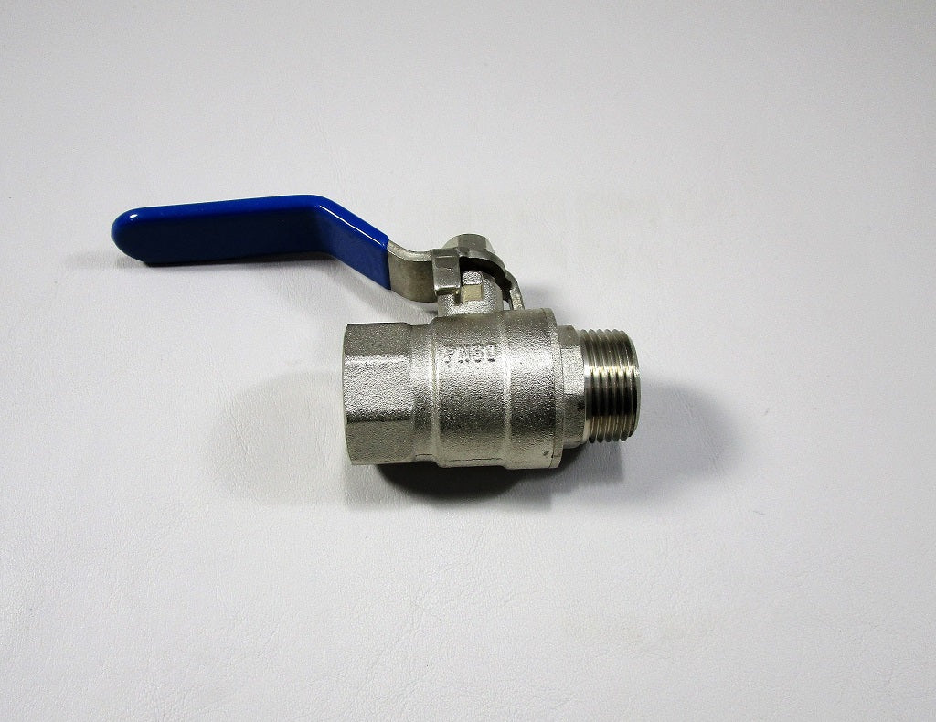 Metal axis ball valve with blue handle, threaded connection for controlling fluid flow in piping systems.