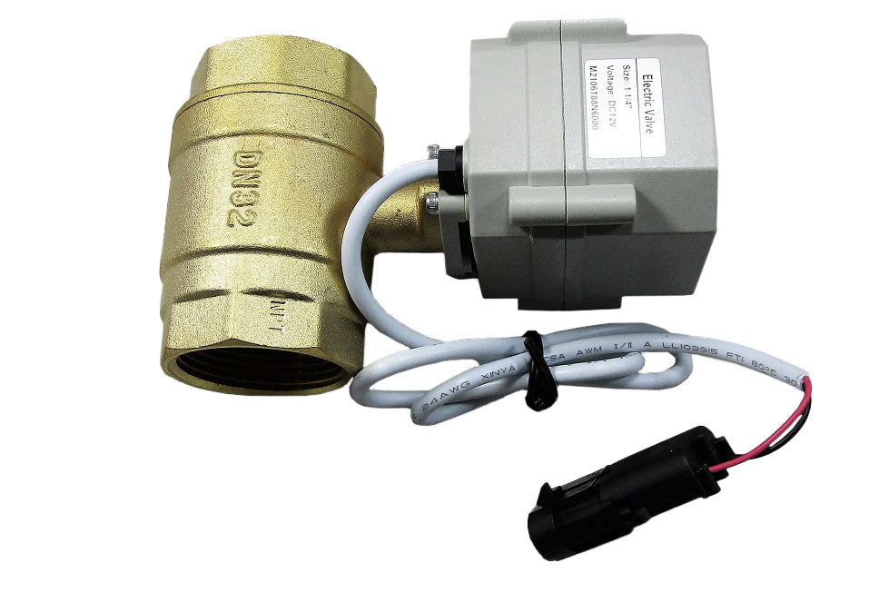 Malibu Ballast Electronic Valve with brass valve body, gray control box, and wiring for water flow regulation.